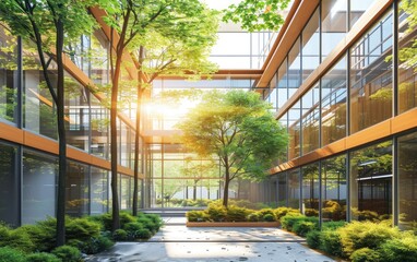 Green tree garden inside glass office building with morning sunlight. Eco building concept