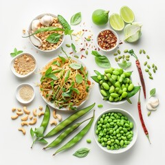 Discover the creative with Pad Thai and edamame artistically arranged on a stark white background, highlighting the simplicity and beauty of healthy food options