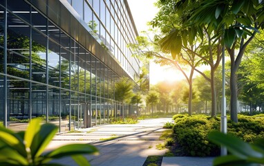 Green trees between glass office building with concrete paths in sunlight. Sustainable eco office area