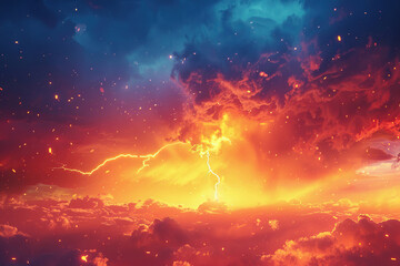 Fototapeta premium Generative ai on theme of scary bright electric lightning bolt with branches in the night dark sky