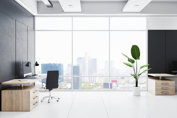 A modern office interior with furniture and a city view, white and grey tones, concept of a...