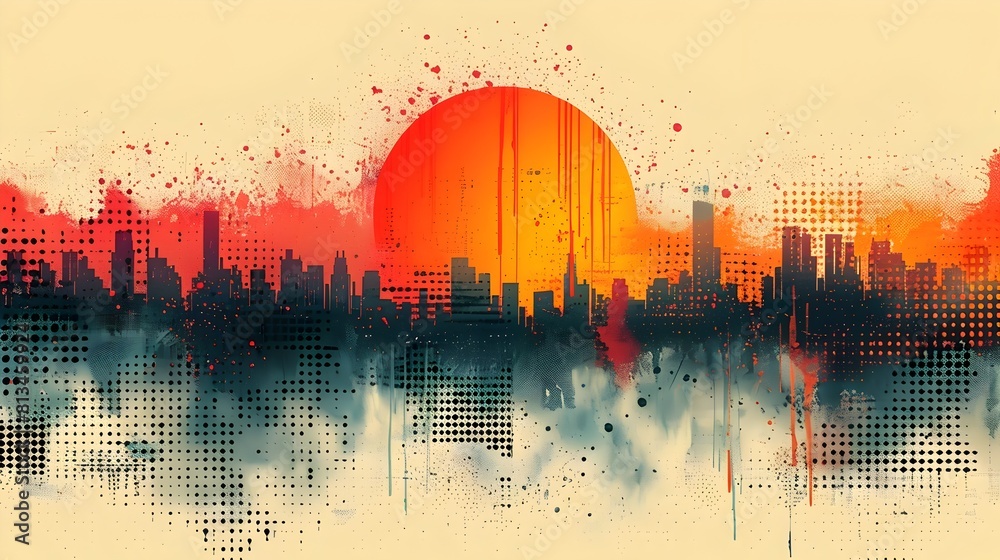 Poster Vibrant Grunge Cityscape with Halftone Dot Pattern and Fiery Sunset Gradient Backdrop