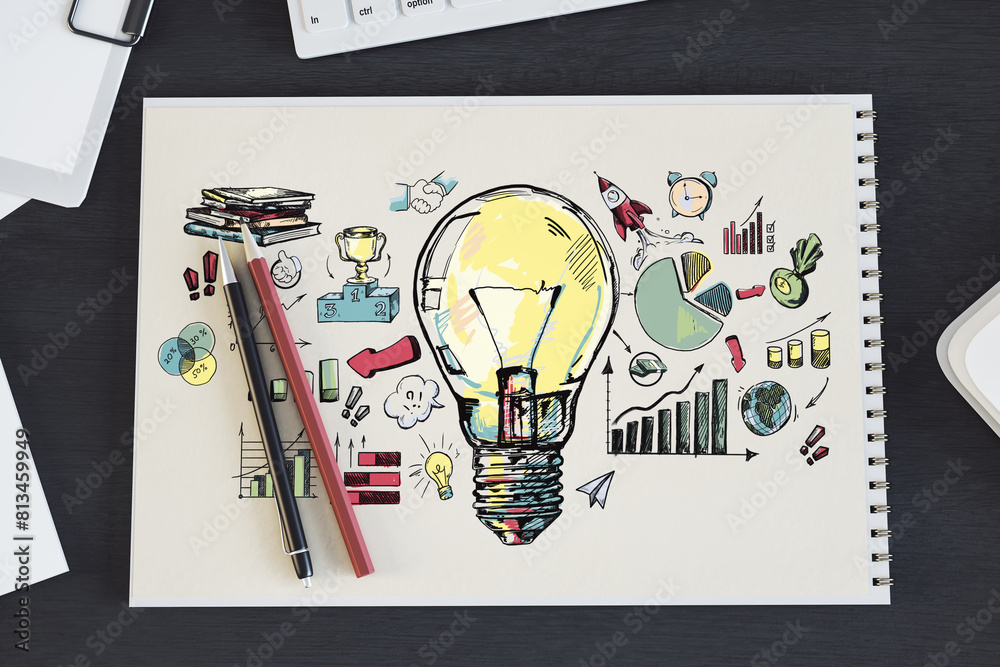 Poster hand-drawn light bulb with business and creativity icons on spiral notebook, wooden desk background,