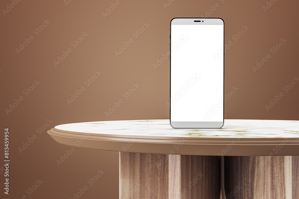Aufkleber empty wooden table with white mock up smartphone on brown background. 3d rendering.