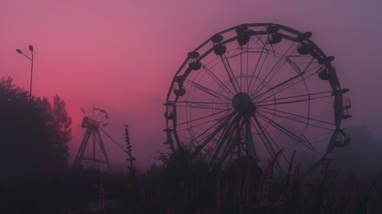 In a silent world, an abandoned ferris wheel turned slowly, framed by the pink horizon of an Earth without laughter, scifi photo