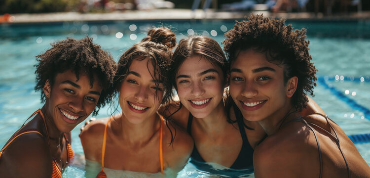 Group of diverse joyful friends enjoying poolside summer day