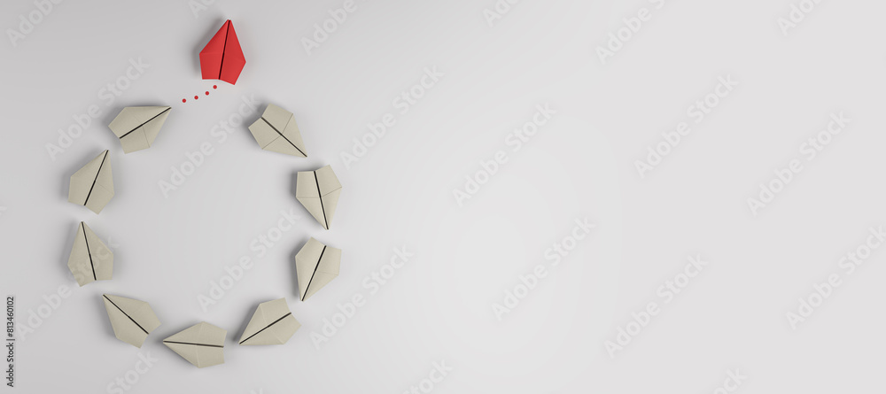 Poster creative paper planes circle on wide white background with mock up place. leadership and success con