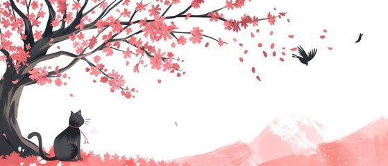 Japanese art style infuses a cat playing with a sakurathemed toy under a flowering cherry blossom tree, with a kawaii template sharpened with copy space