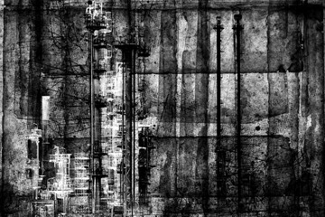 Industrial landscape with buildings and smoking pipes of the factory. Grunge scratch background. Monochrome color illustration	
