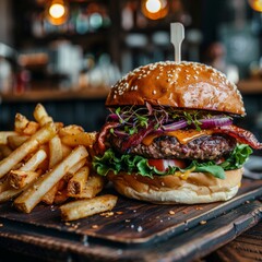 Close up of burger and french fries in food photography style with blurred background