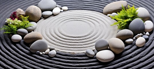 Zen rock garden with circular patterns in white sand, top view for peaceful contemplation