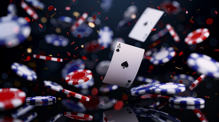 Card background. Backdrop for casino, golden cards flying on black backdrop, chips and ace