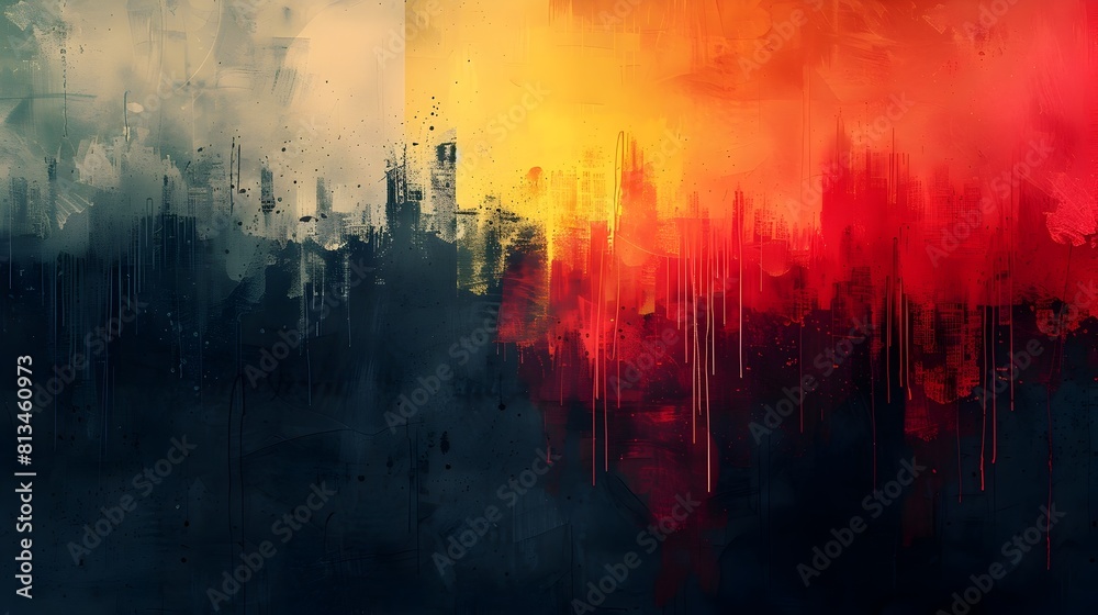 Poster Dramatic Abstract Grunge Cityscape with Vibrant Colorful Explosion and Atmospheric Moody Weather