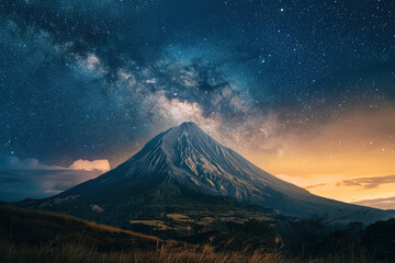 Fototapeta premium Generative ai on theme of mountain range with visible silhouettes through the morning colorful fog