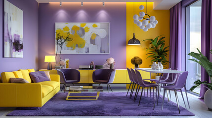 A purple and yellow living room interior with a dining table, sofa, chairs, lamps, and wall decoration