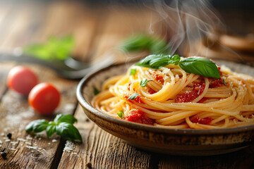 Delicious appetizing spaghetti pasta with tomato sauce.