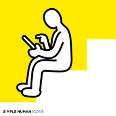 シンプルな人間のアイコンシリーズ,階段で座ってスマホを使う人