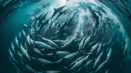 A group of dolphins herding a school of fish into a tight ball before taking turns feeding on them