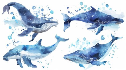 Obraz premium Set of watercolors featuring majestic whales diving deep into the ocean, surrounded by swirling water and bubbles, Clipart isolated on white