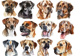 Fototapeta premium Set of watercolors of different breeds of dogs, each portrayed with their unique features and expressions, Clipart isolated on white
