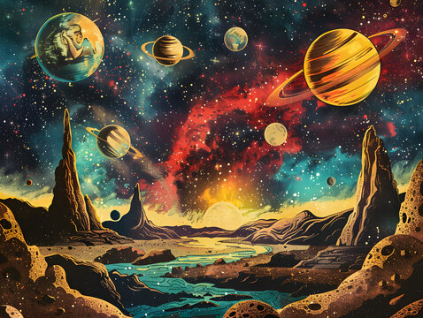 A retro comic-style outer space landscape, with colorful planets, swirling galaxies, and futuristic spacecraft, taking viewers on an intergalactic adventure filled with wonder.