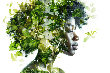 Close-up of a black womans face embellished with green leaves, creating a striking contrast against her skin