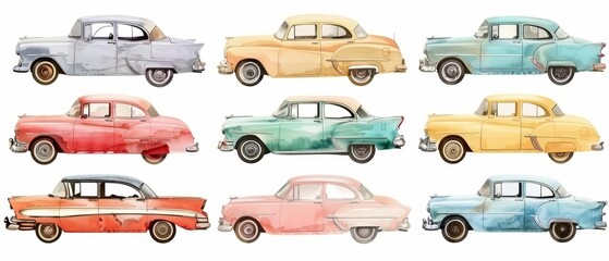 Set of watercolors of vintage cars from the 1950s, each painted in pastel colors, Clipart isolated on white