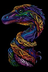 Colorful Velociraptor with Celtic Knotwork Patterns in Esports Logo Style on Solid Black Background