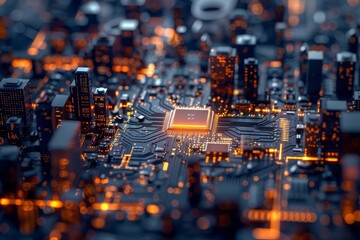 Under a macro lens, a microchip reveals a citylike structure, representing the complexity and sophistication of modern electronics, perfect for a technology banner with copy space