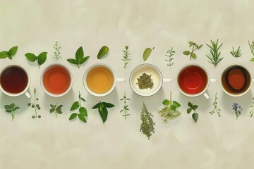 Indulge in a serene tableau of various herbal teas, each cup set against a soothing nature graphic design, enhancing the calmness they promise