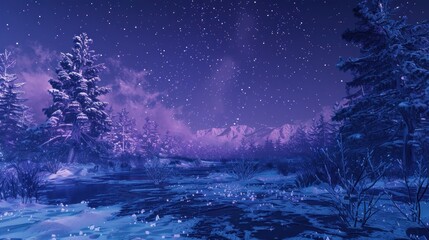 Midnight Snowscape: Generate a midnight snowscape with deep blues, purples, and icy whites, featuring a serene winter scene under a starry sky. 