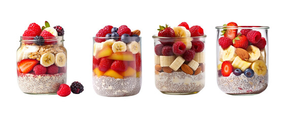 Set of overnight Oats meal with chia seeds and mixed berries,banana and almond in jar glasses isolated on transparent background, for healthy food concept.	
