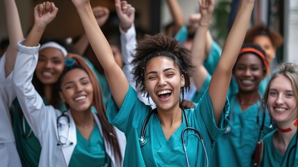 A group of enthusiastic medical students, representing diversity, raising their hands in celebration - Powered by Adobe