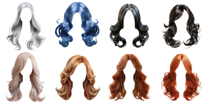 Hair wig png set mockup in 3d transparent no background for decoration.