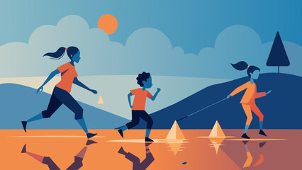 Fototapeta premium Family Enjoying Outdoor Activities At Sunset Illustration