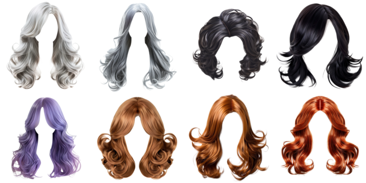 Trendy hair wig transparent isolated collection in 3d png for all purpose.