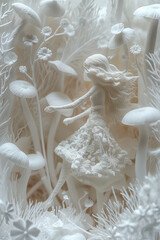 A white paper diorama of a wonderland garden with little elves dancing among white mushrooms and flowers.
Black and white image of little angels dancing in a forest made of sculptures