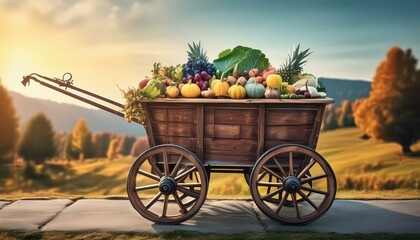 Fototapeta premium Fruits decoration and green background antique wagon nature