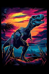 Fierce Allosaurus Prowling Through Jurassic Grassland Under Stormy Skies in Synthwave Esport Style