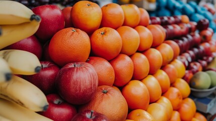 stack of ripe fruits at a market, including apples, oranges, and bananas, each displaying different shades of red, orange, and yellow, natural variation in fruit colors.