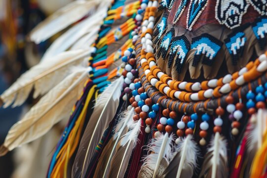 A Native American powwow regalia adorned with feathers, beads, and fringe, representing cultural identity and tradition, Generative AI - Powered by Adobe