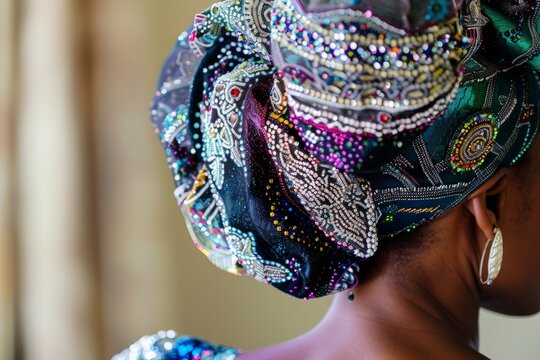  A Nigerian gele headwrap adorned with intricate beadwork and sequins, complementing a traditional Yoruba attire, Generative AI