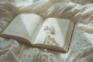 Gratitude Journal Open on Bed with Dried Flowers as Bookmark