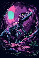 Fierce Velociraptor Stalking Through Jurassic Canyon Landscape in Vibrant Synthwave