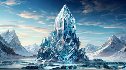 An icy mountain with a massive iceberg at its center, surrounded by a frozen landscape.