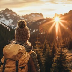 A woman in a cap and eyewear is happily looking at the sunset in nature, with the sun shining bright in the sky, creating a beautiful landscape AIG50