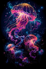 Fototapeta premium Glowing Jellyfish in Luminescent Oceanic Depths