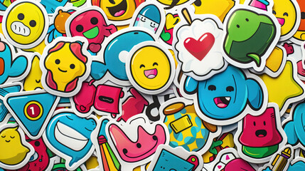 Fototapeta premium Various vibrant stickers featuring emojis piled together in a colorful display