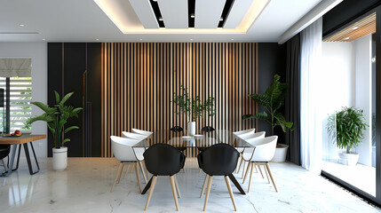 Modern interior design, the dining room has a black and white color scheme, with vertical slats on...
