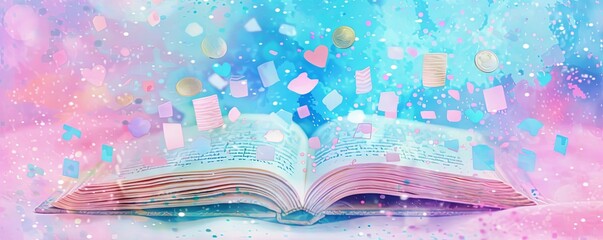 Book open with its pages shimmering with golden light, symbolizing knowledge Floating around the book are icons of various financial elements such as coins, growth and decline charts
